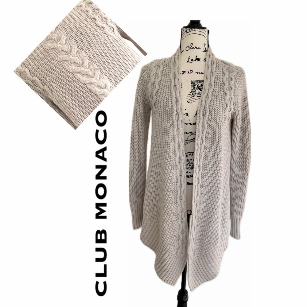 Club Monaco Chunky Cardigan Sweater Open Front Asymmetric Sz M Fisherman Oatmeal